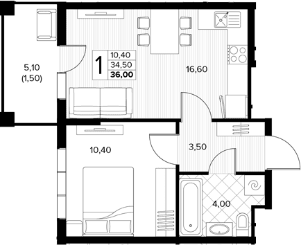 Продается 1-комн. квартира, 34.5 м²