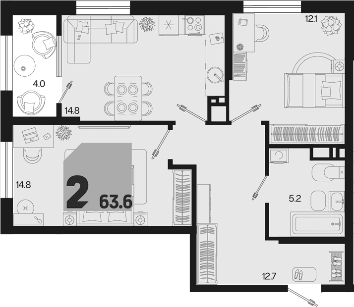 Продается 2-комн. квартира, 59.6 м²