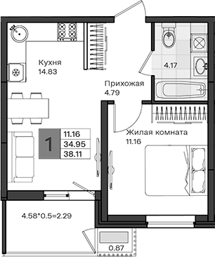 Продается 1-комн. квартира, 34.95 м²