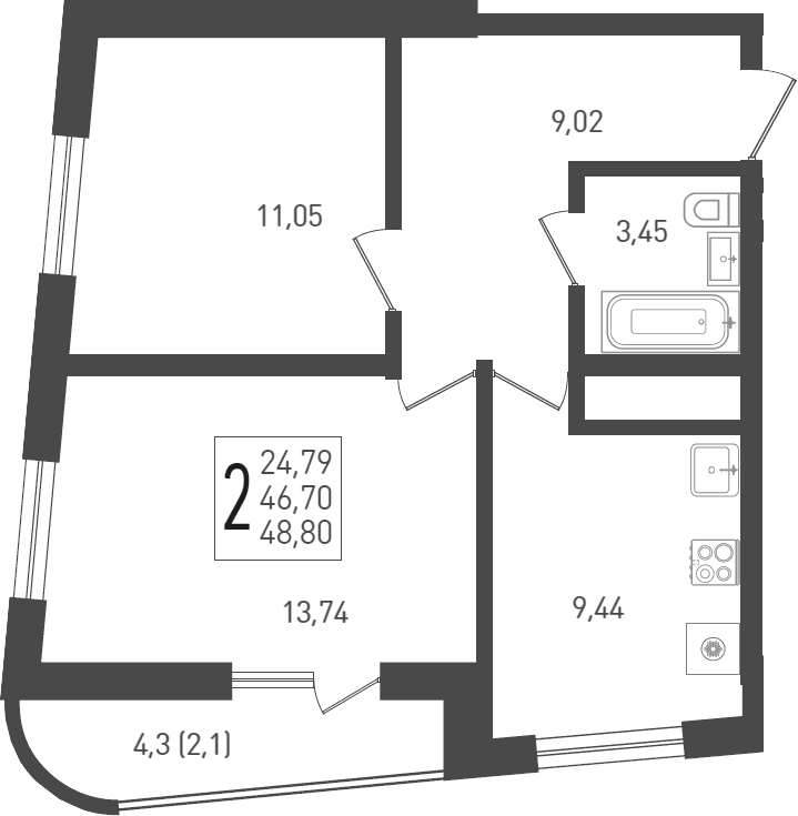 Продается 2-комн. квартира, 49.1 м²