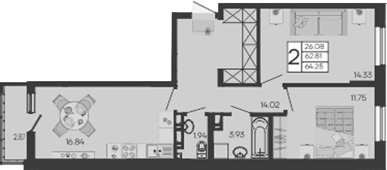 Продается 2-комн. квартира, 62.81 м²