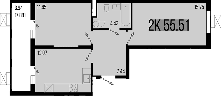 Продается 2-комн. квартира, 51.57 м²