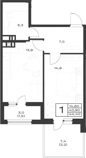 Продается 1-комн. квартира, 40.7 м²