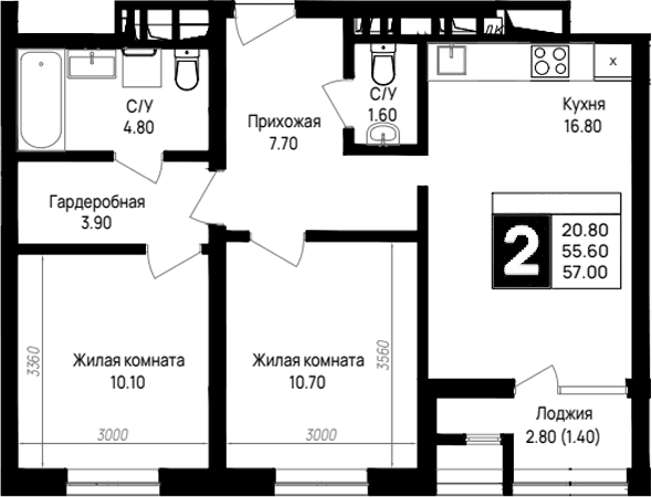 Продается 2-комн. квартира, 55.6 м²