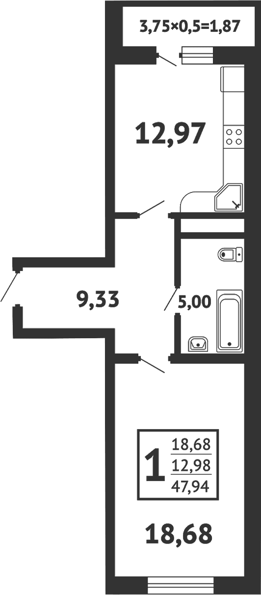 Продается 1-комн. квартира, 45.2 м²