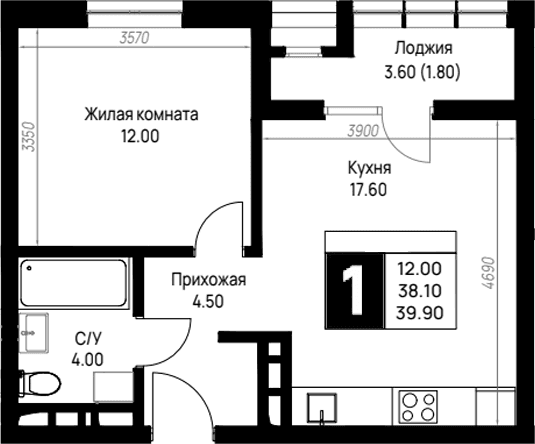 Продается 1-комн. квартира, 38.1 м²