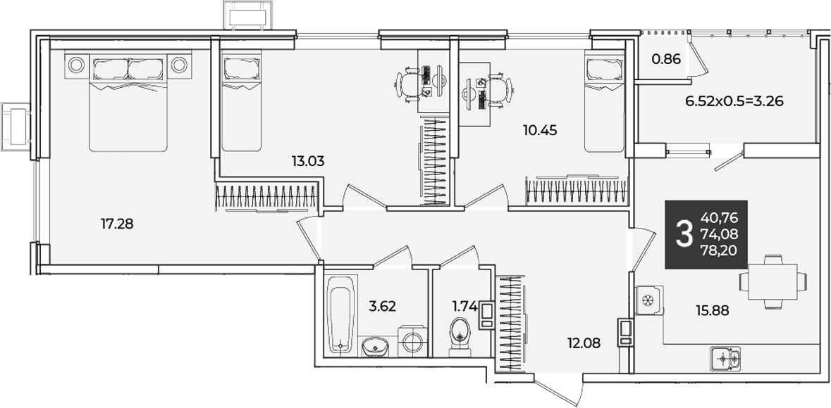 Продается 3-комн. квартира, 74.08 м²