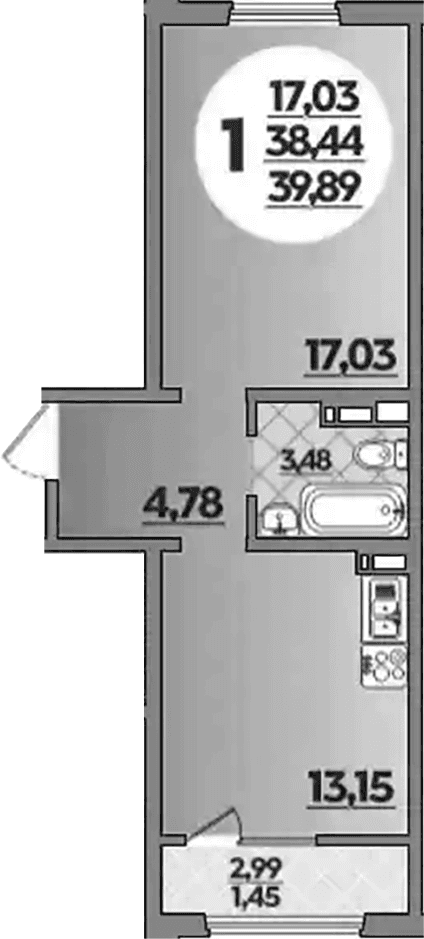 Продается 1-комн. квартира, 38.44 м²