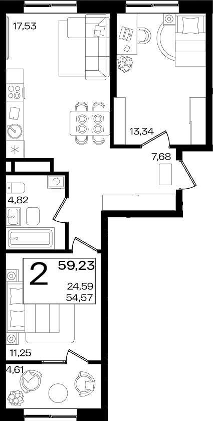Продается 2-комн. квартира, 54.62 м²