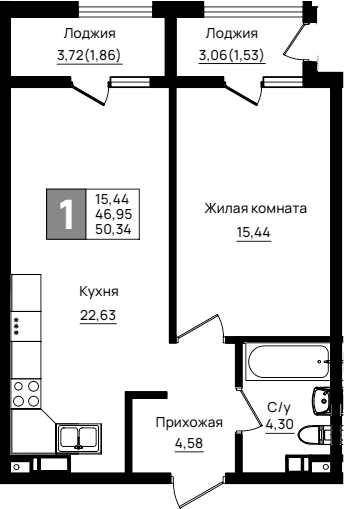 Продается 1-комн. квартира, 46.95 м²