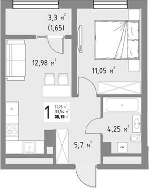 Продается 1-комн. квартира, 33.54 м²