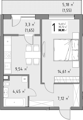 Продается 1-комн. квартира, 35.72 м²