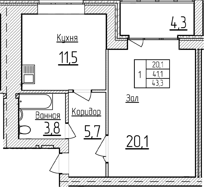 Продается 1-комн. квартира, 41.15 м²