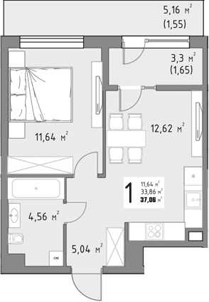 Продается 1-комн. квартира, 33.86 м²
