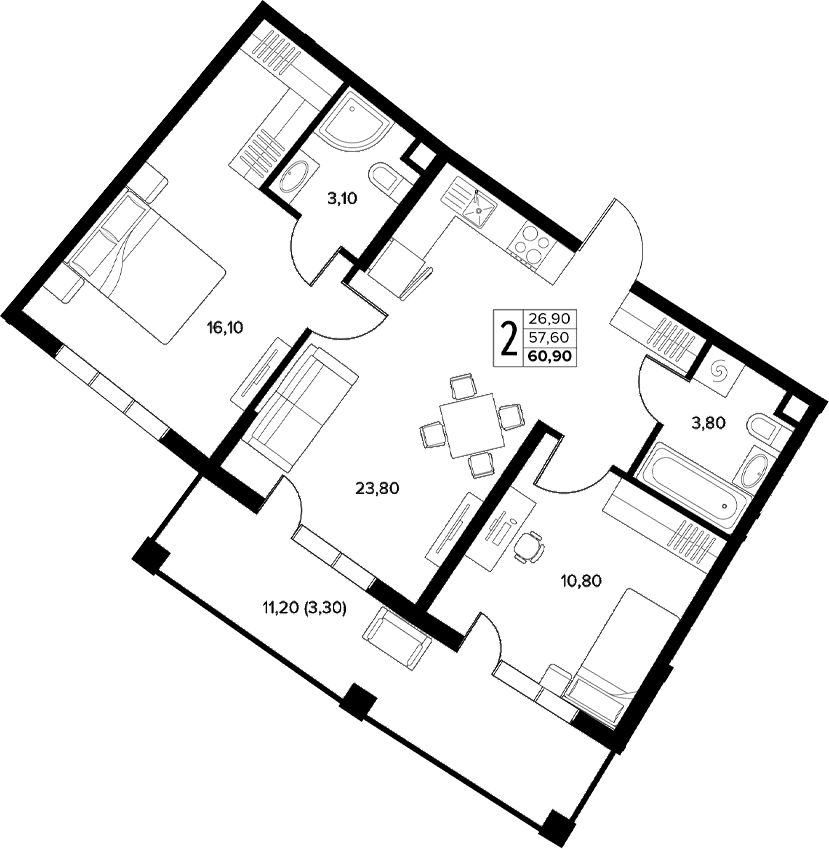 Продается 2-комн. квартира, 57.6 м²