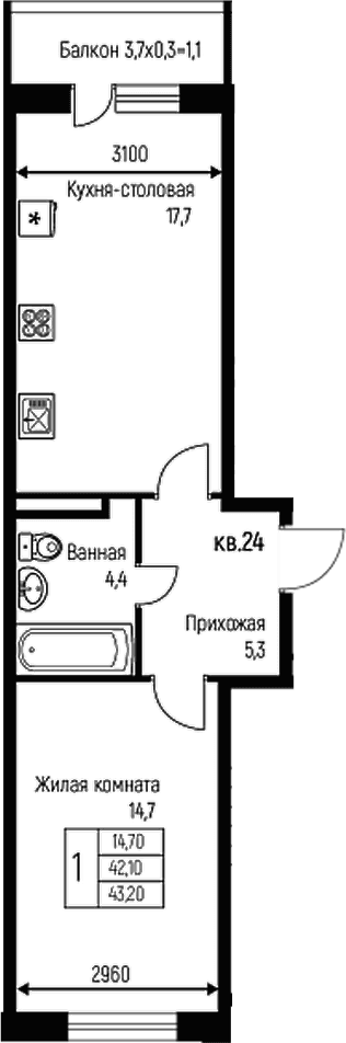 Продается 2-комн. квартира, 42.1 м²