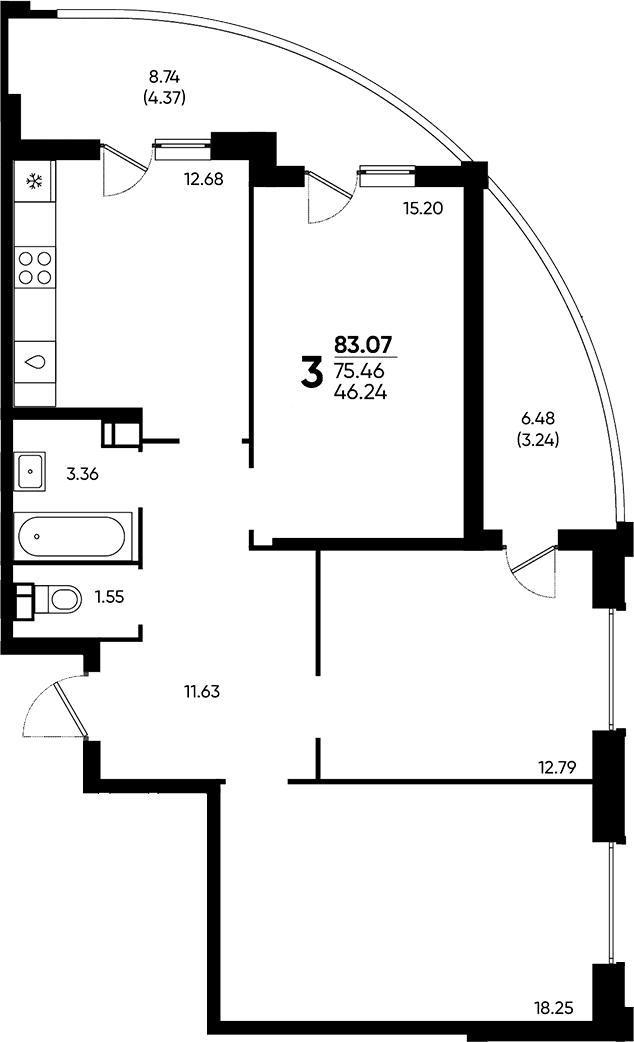 Продается 3-комн. квартира, 75.46 м²