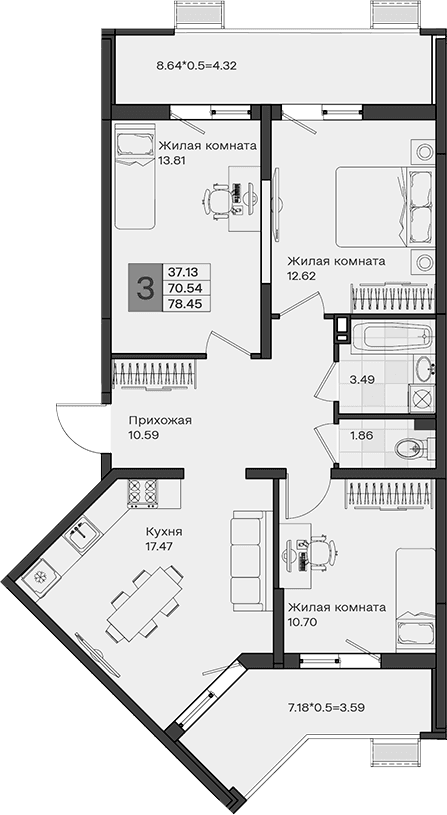 Продается 3-комн. квартира, 70.54 м²