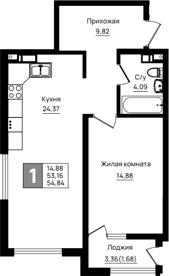 Продается 1-комн. квартира, 53.16 м²