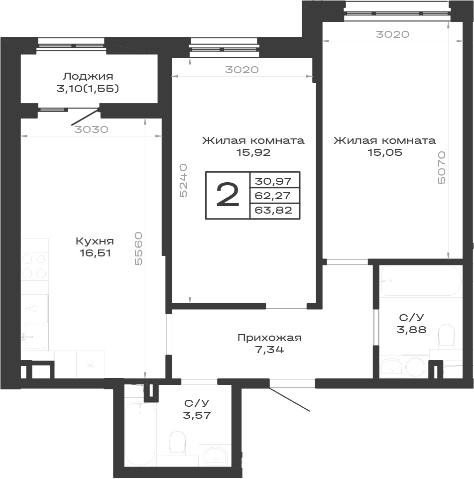 Продается 2-комн. квартира, 62.27 м²