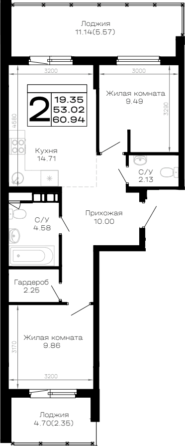 Продается 2-комн. квартира, 53.02 м²
