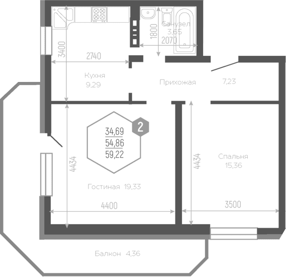 Продается 2-комн. квартира, 54.14 м²