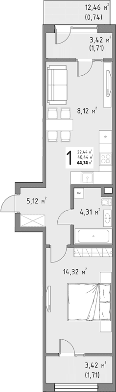 Продается 1-комн. квартира, 40.58 м²