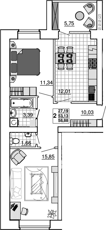 Продается 2-комн. квартира, 53.13 м²