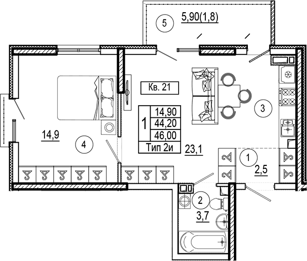 Продается 1-комн. квартира, 44.2 м²