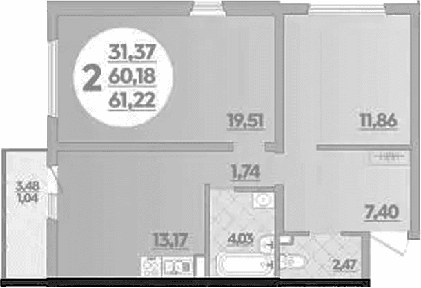 Продается 2-комн. квартира, 60.18 м²