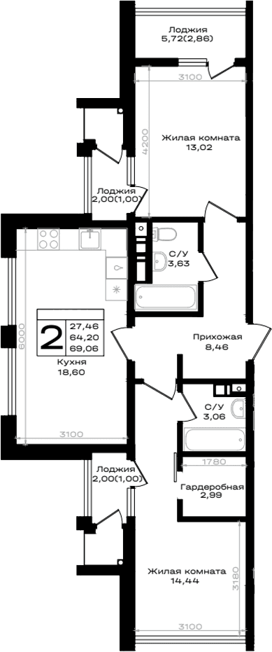 Продается 2-комн. квартира, 64.2 м²