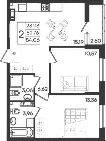 Продается 2-комн. квартира, 52.76 м²