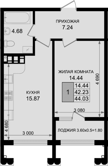 Продается 1-комн. квартира, 42.23 м²