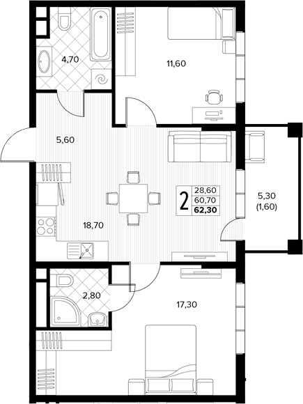 Продается 2-комн. квартира, 60.7 м²