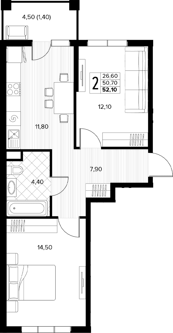 Продается 2-комн. квартира, 50.7 м²