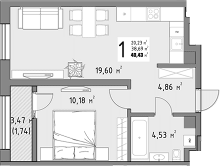 Продается 1-комн. квартира, 38.69 м²