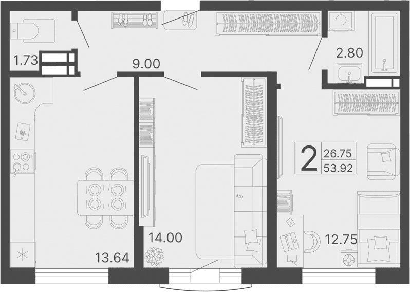 Продается 2-комн. квартира, 53.92 м²