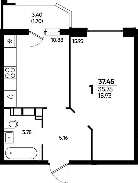 Продается 1-комн. квартира, 35.75 м²