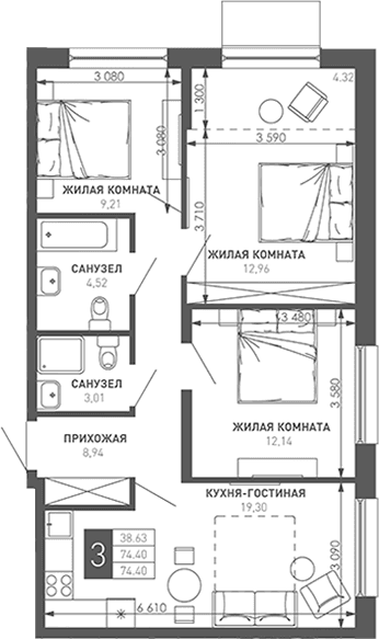 Продается 3-комн. квартира, 76.4 м²