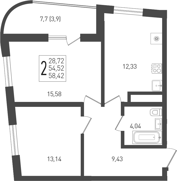 Продается 2-комн. квартира, 54.52 м²