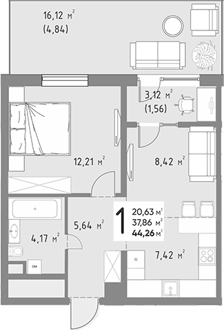 Продается 1-комн. квартира, 37.86 м²