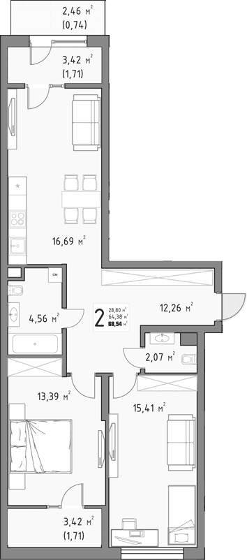 Продается 2-комн. квартира, 64.38 м²
