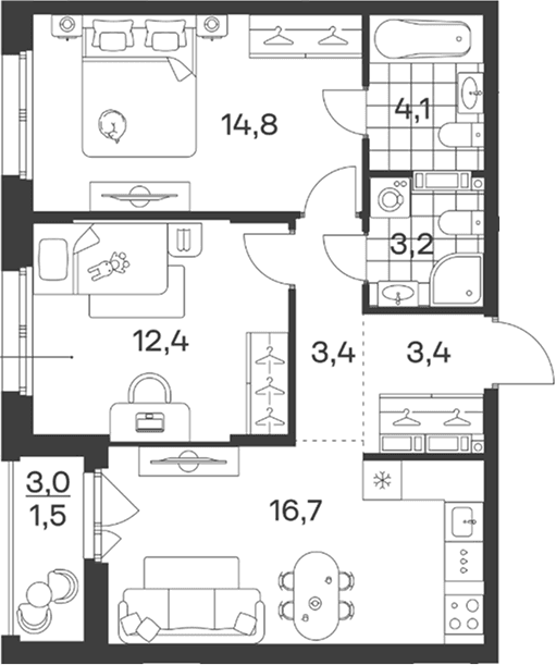 Продается 3-комн. квартира, 58 м²