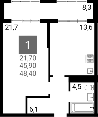 Продается 1-комн. квартира, 45.9 м²
