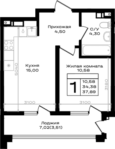 Продается 1-комн. квартира, 34.38 м²