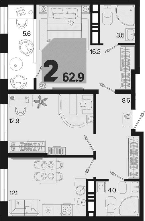 Продается 2-комн. квартира, 57.3 м²