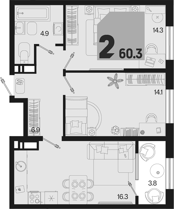 Продается 2-комн. квартира, 56.5 м²
