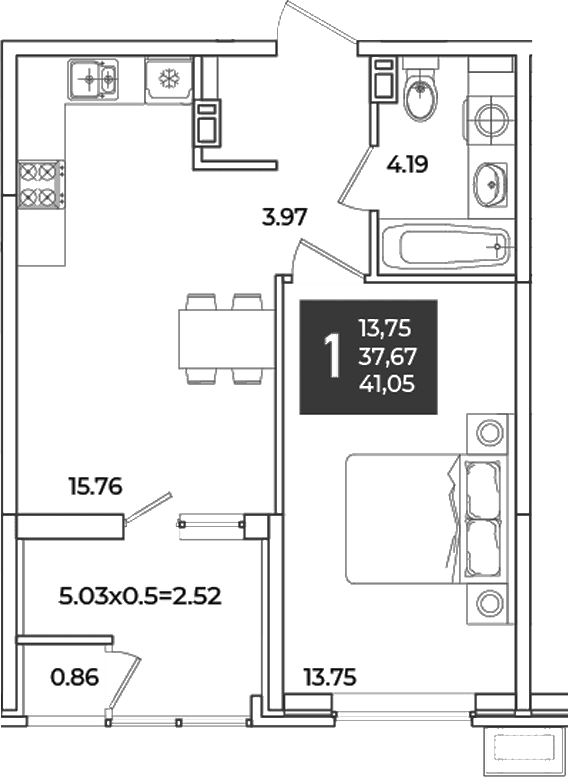 Продается 1-комн. квартира, 37.67 м²