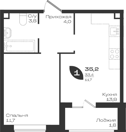 Продается 1-комн. квартира, 33.4 м²