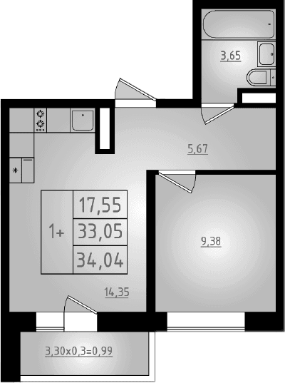 Продается 2-комн. квартира, 33.05 м²